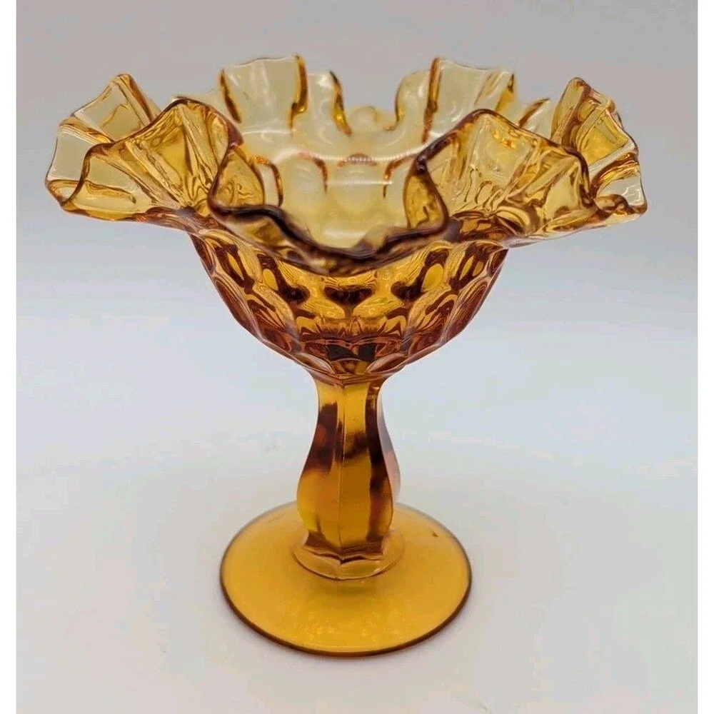 VTG Fenton Pedestal Fluted Ruffled Edge Colonial Amber Thumbprint Compote Glass